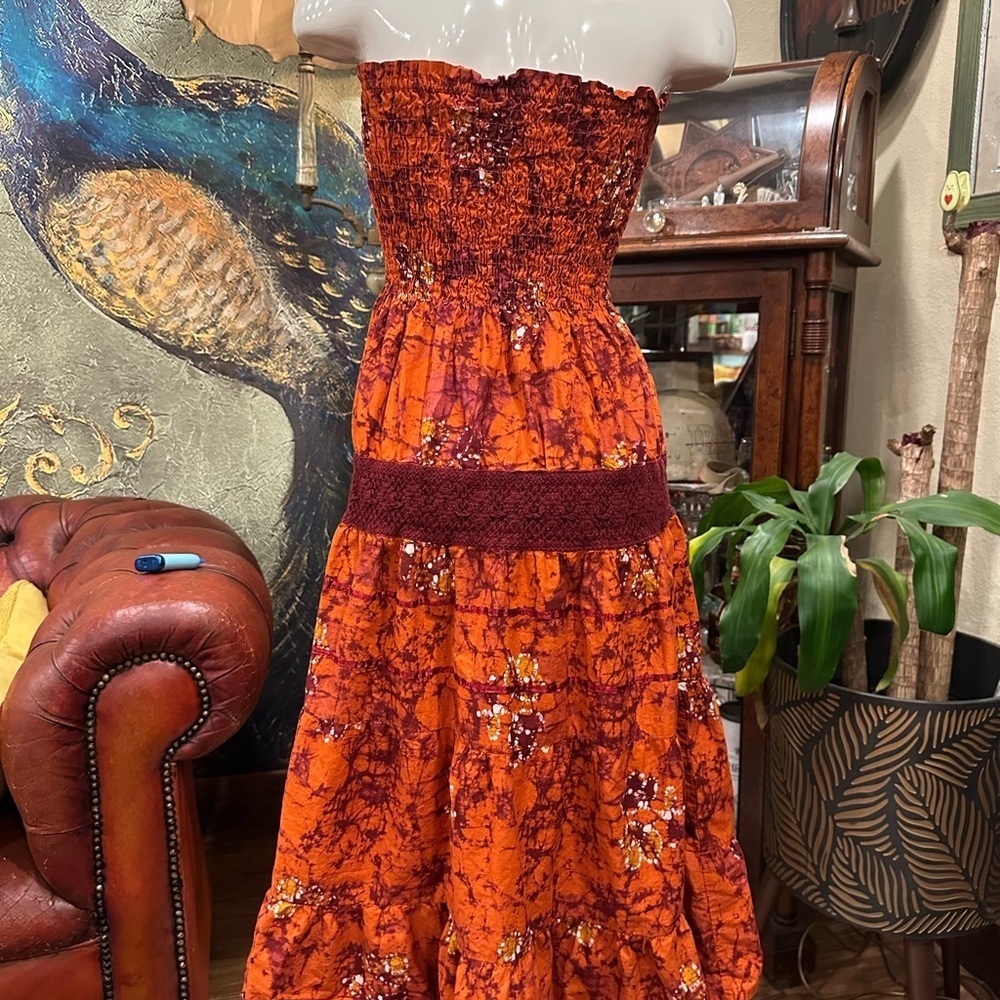 S'Cool Boho Batik Strapless Smocked Maxi Dress Rust Orange Cotton Tiered - Picture 7 of 7